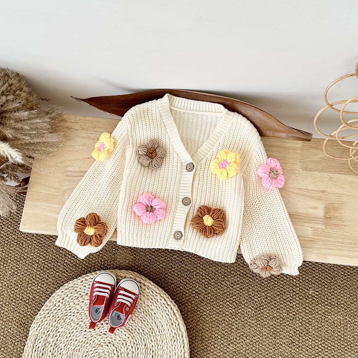 Korean Toddler Thickened 100% Cotton Sweater Jacket Autumn Winter Baby Girl Campus Floral Cardigan Cross-border
