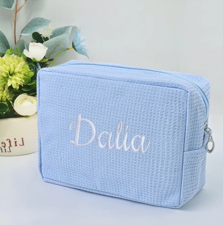 etsy waffle makeup bag, embroidered bridesmaid gift bag, personalized wedding bag toiletry bag