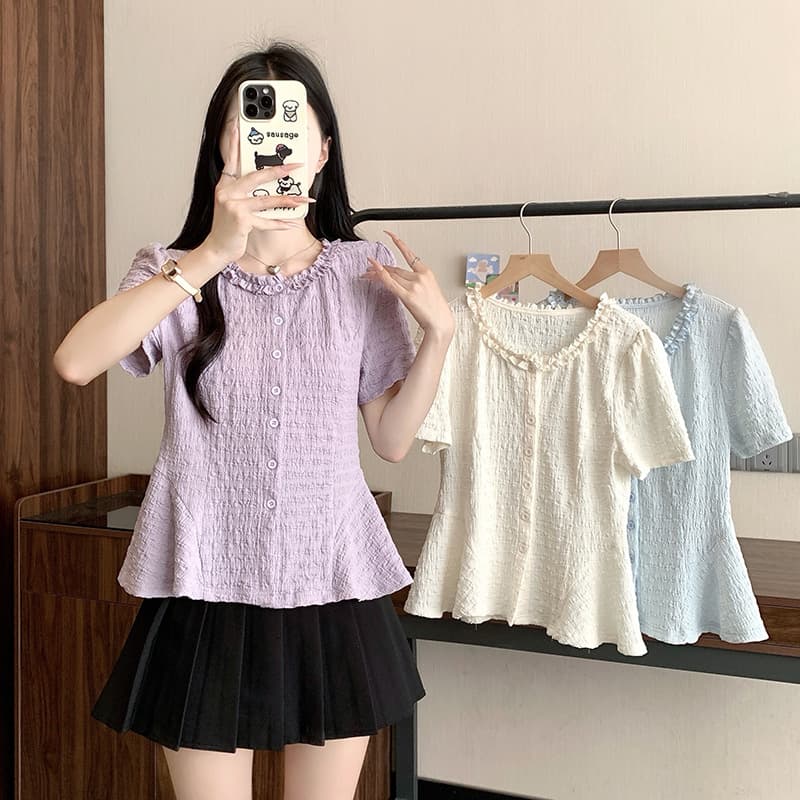 2026 Summer New Plus Size Women's French Premium Ruffle Trim Short Sleeve Blouse Top