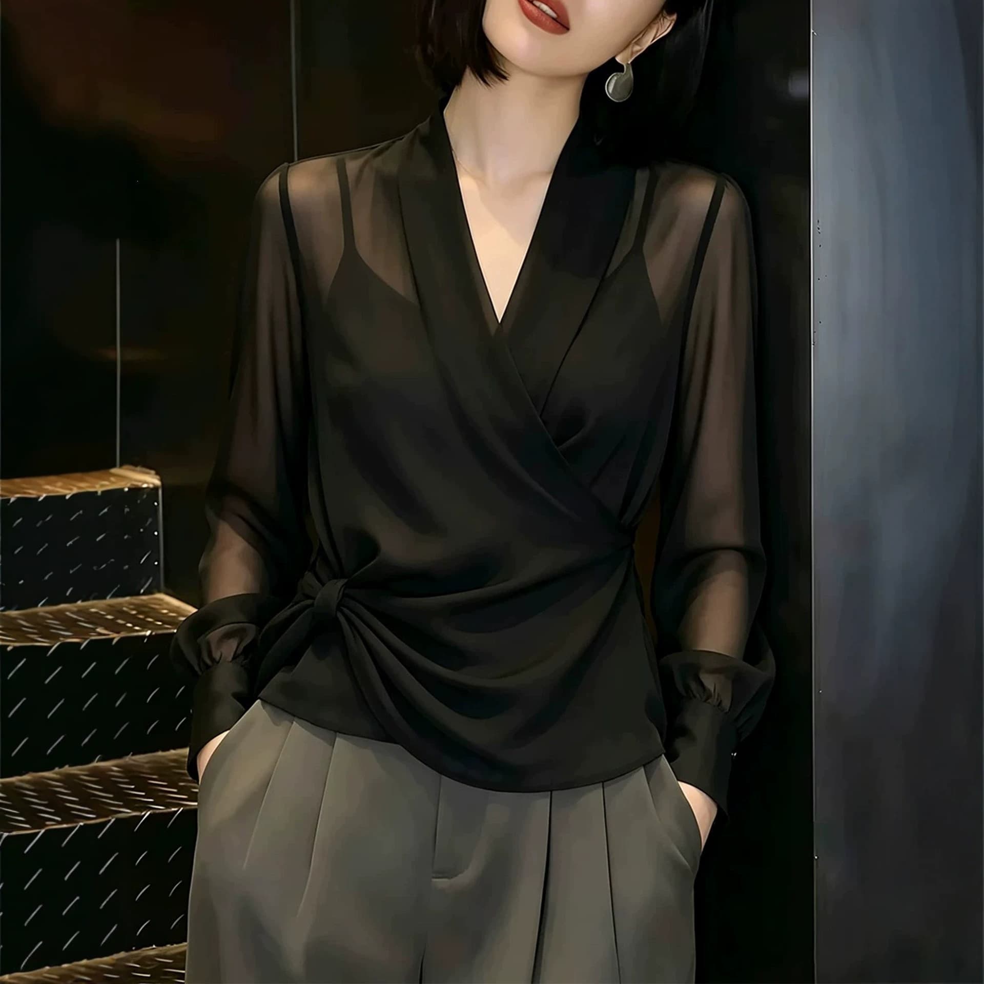 French Light Luxury Black V-Neck Thin Breathable Waist-Nipped Sun Protection Shirt for Women New Summer Trend Top