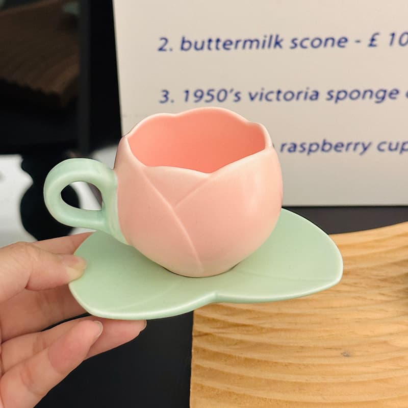 Mini 100ml Embossed Ceramic Tulip-Shaped Cup, Niche Coffee Shop Use, Espresso Cup & Saucer