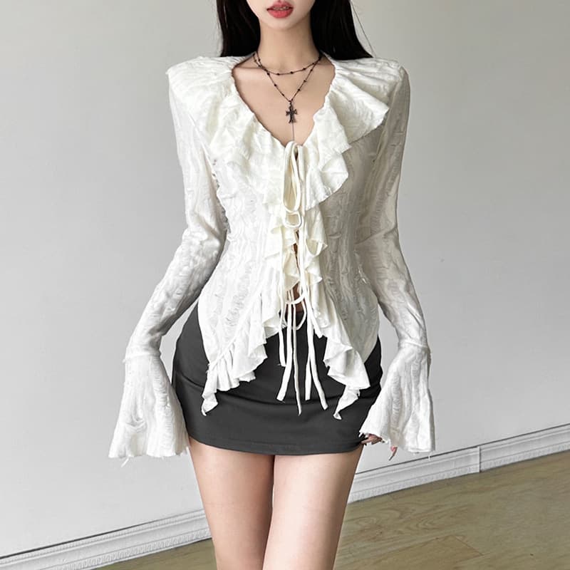 European and American style 2024 new autumn women's fantasy white gauze elegant tie bow multi-layer ruffle top