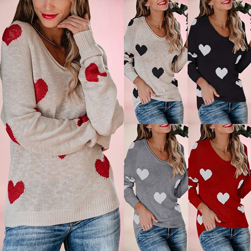 2026 Fall/Winter New Cross-border Amazon Temu Loose Fit Love Heart Valentine's Day V-Neck Women's Pullover Sweater