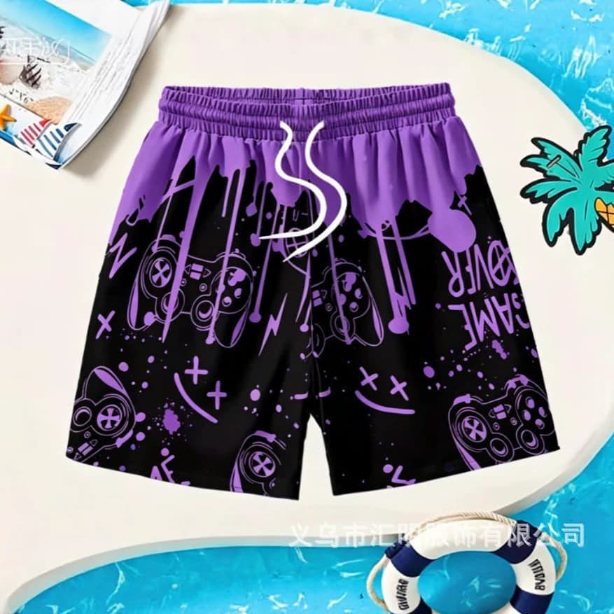 Cyber E-Sports Style Purple Ink Game Controller Shorts Black Base Hand-Drawn Game Console Casual Five-Point Beach Shorts for Men and Women