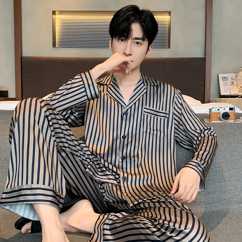 Men's Ice Silk Long Sleeve Pajama Set 2026 New Spring and Autumn Plus Size Loose Thin Style