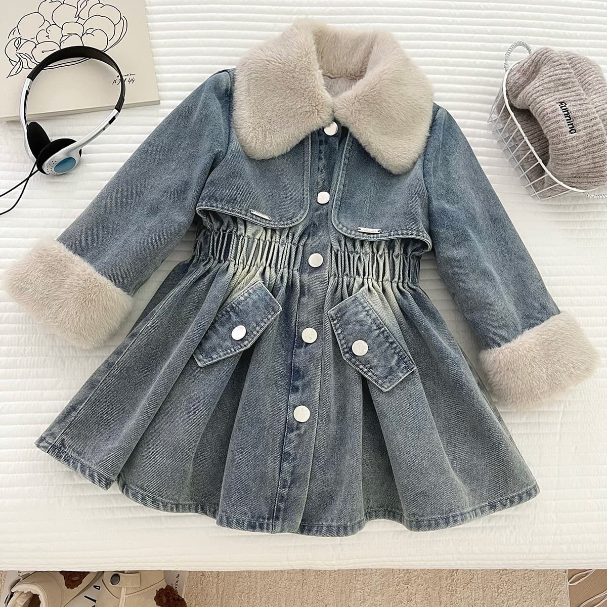 [Plutocratic Daughter] 25 Denim Plush Jackets Children’s Thickened Winter Tops Mid-Length Fashionable Jackets