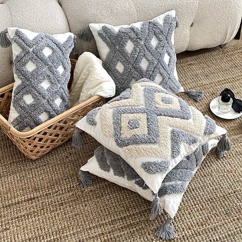 Amazon Bohemian Nordic Tufted Throw Pillow with Tassels, Sofa Waist Pillow, Living Room Bedroom Bedside Pillow Cover