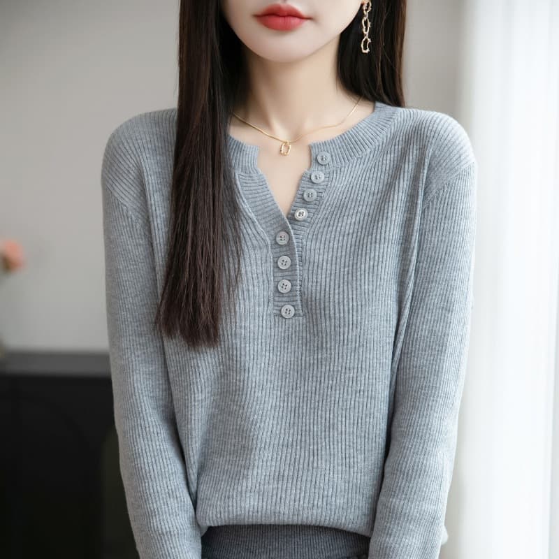 Worsted Wool Knit Sweater Top, Stylish Pullover Long Sleeve Sweater, Fall Winter Women's Early Autumn V-Neck Knit Base Layer