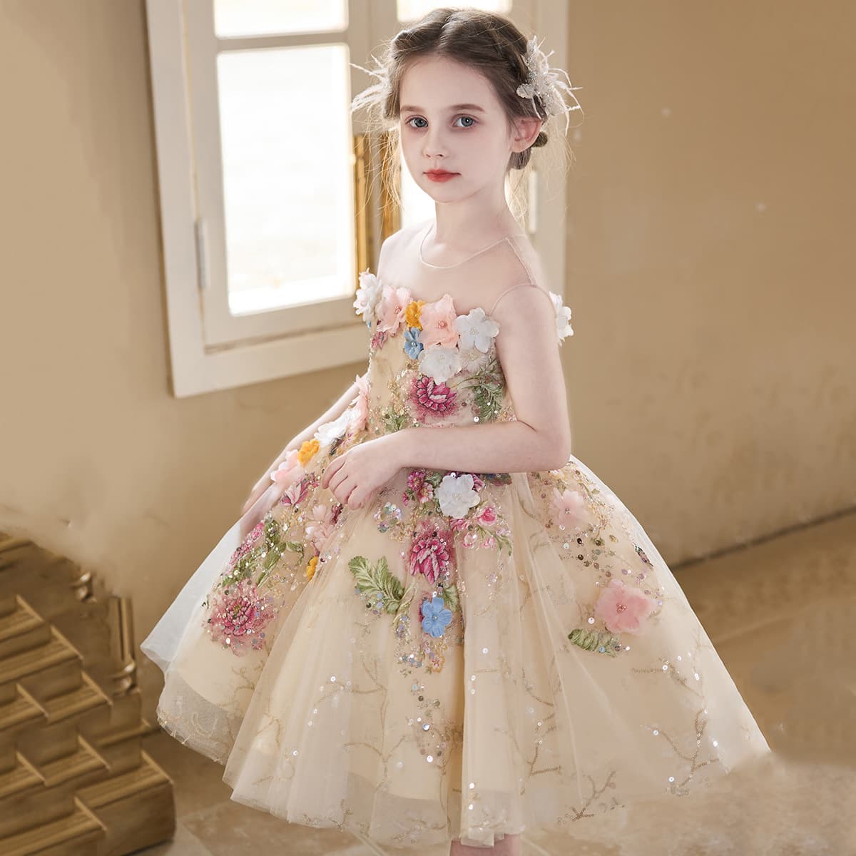 Girls Princess Dress High-End Birthday Party Little Girl Host Flower Girl Piano Performance Children's Performance Outfit Spring