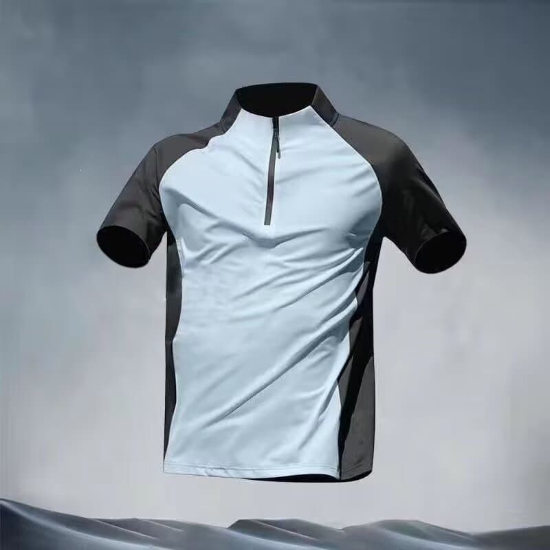 Cross-Border Sports T-Shirt for Men Half-Zip Stand Collar Ice Silk Quick-Dry Short Sleeve Running Top Summer Athletic Training Clothes