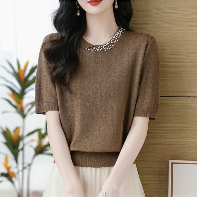 Heavy Industry Beaded Short-sleeved T-shirt Women's 2025 New Fashion Western Style Young Mother Summer Top Tencel Sweater