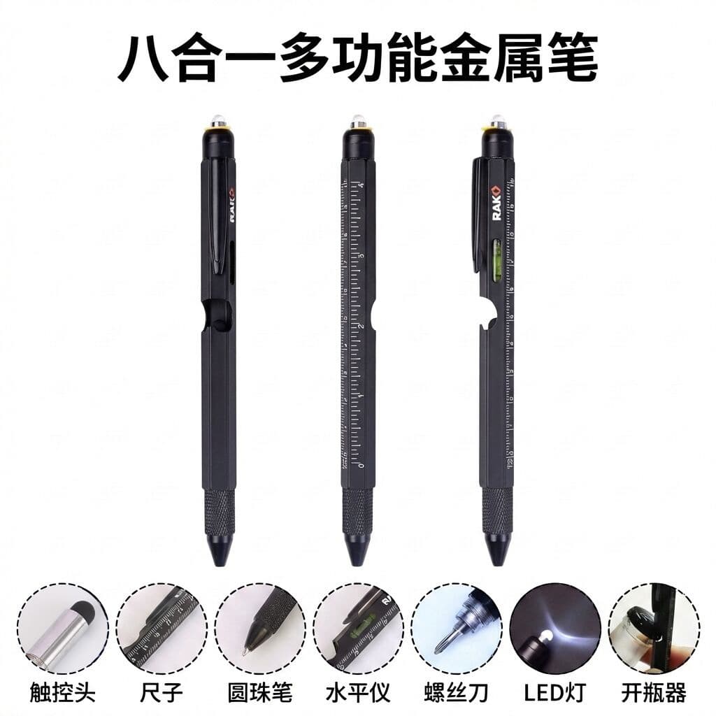 8-in-1 Multifunctional Tool Pen with Scale, LED Light, Level, Bottle Opener, Capacitive Stylus Tip, Creative Metal Pen