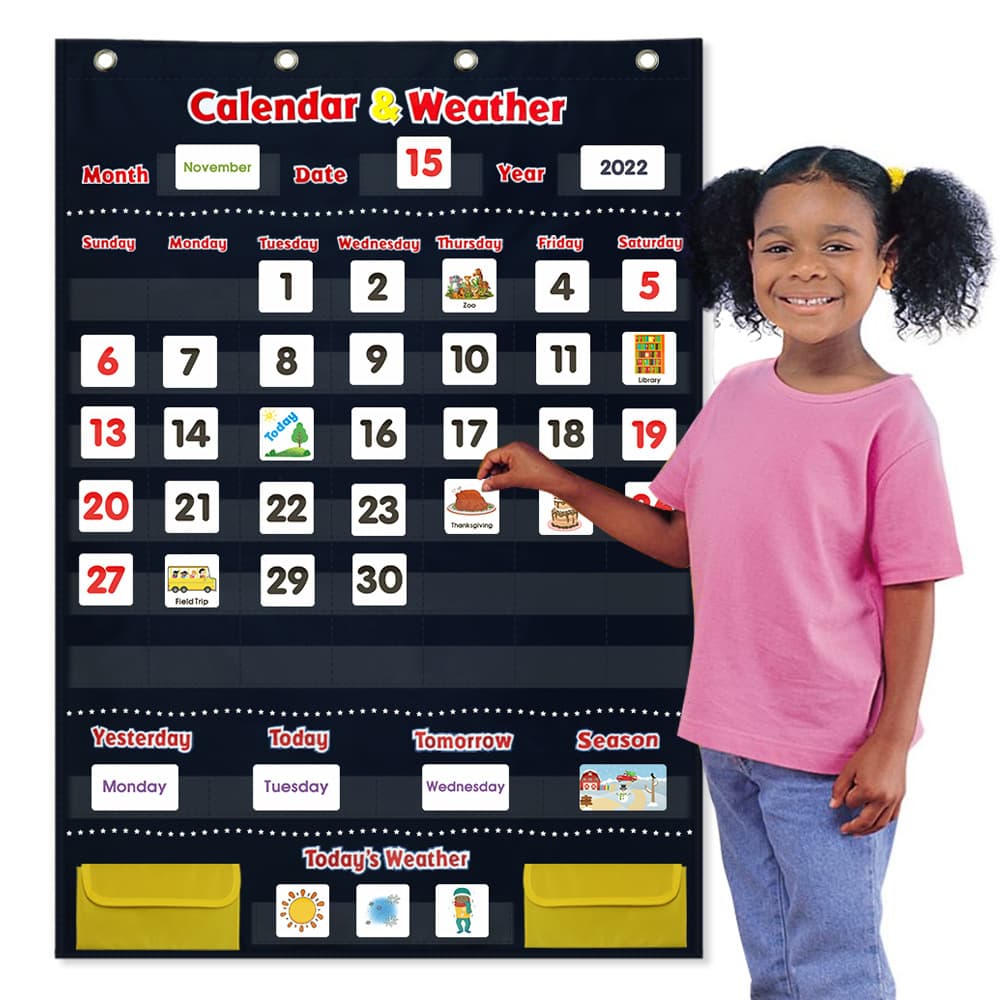 New Edition Weather Calendar with Card Hanging Pockets for Learning Dates, Seasons, Weather Changes, Holidays, Educational Tool