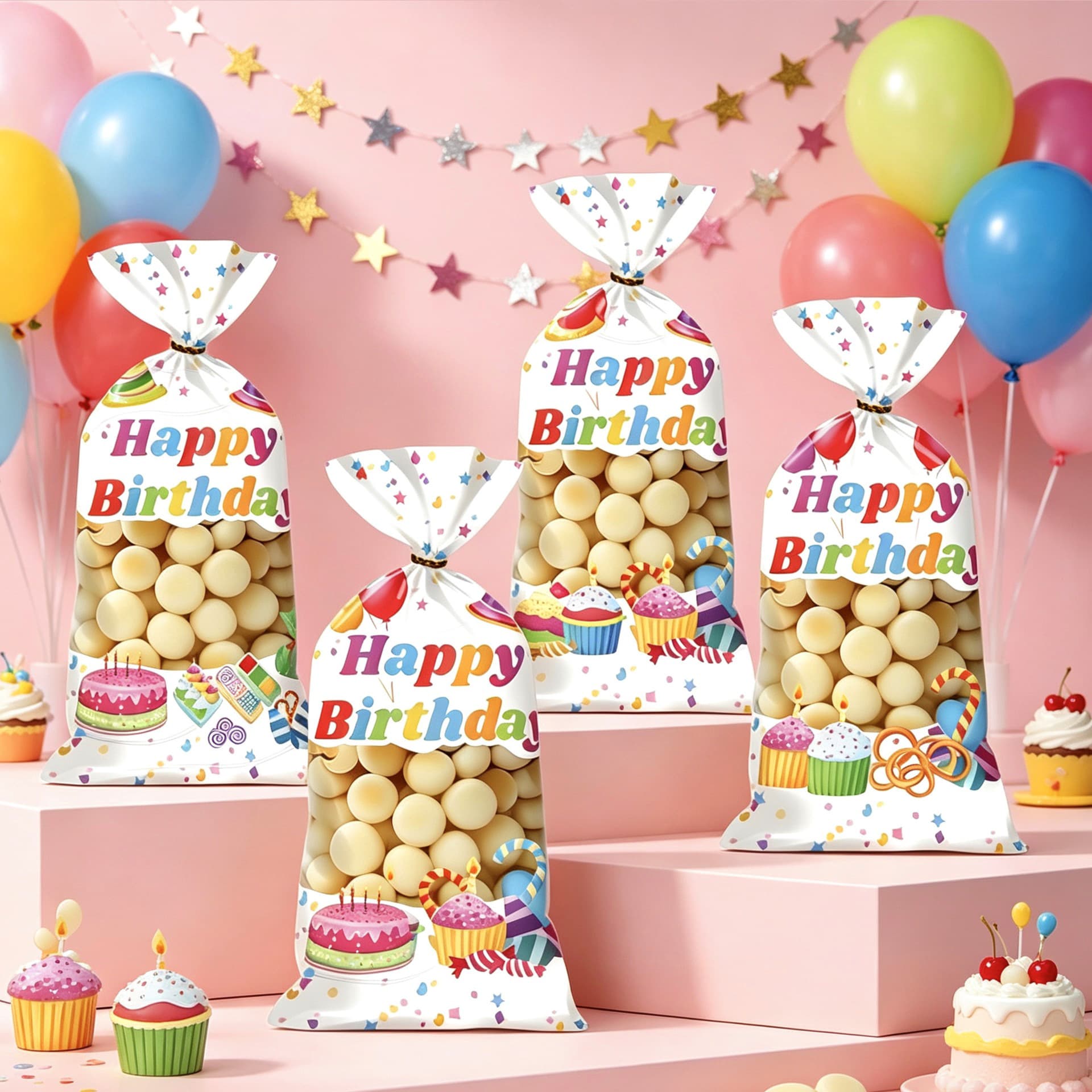 50 Mixed New English Happy Birthday Gift Bags Birthday Party Bags Snack Candy Wrapping Bags with Twist Ties