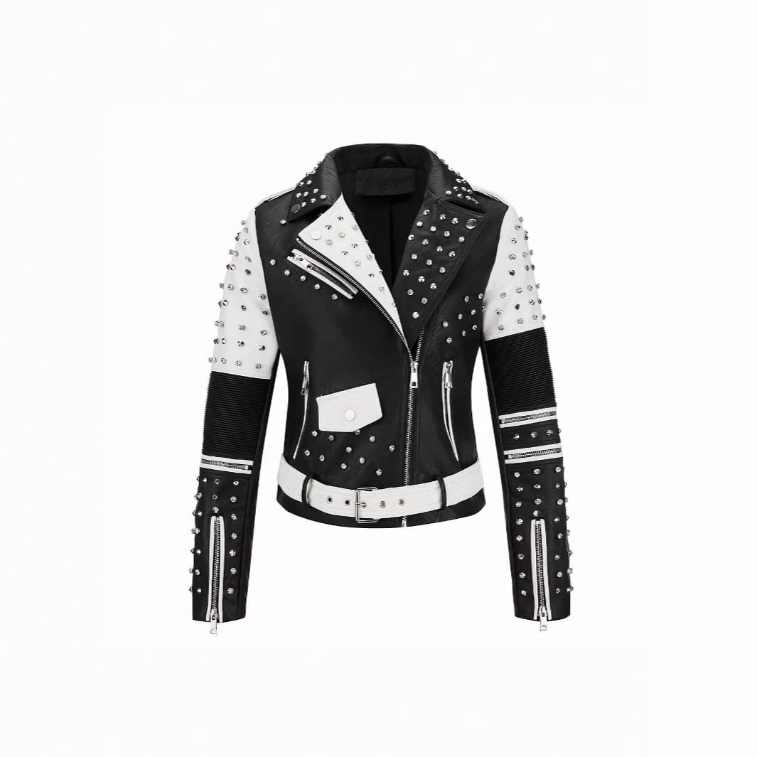 Cross-border Black and White Contrast Rivet Motorcycle Leather Jacket Metal Zipper Multi-pocket Slim Fit Rock Style Coat