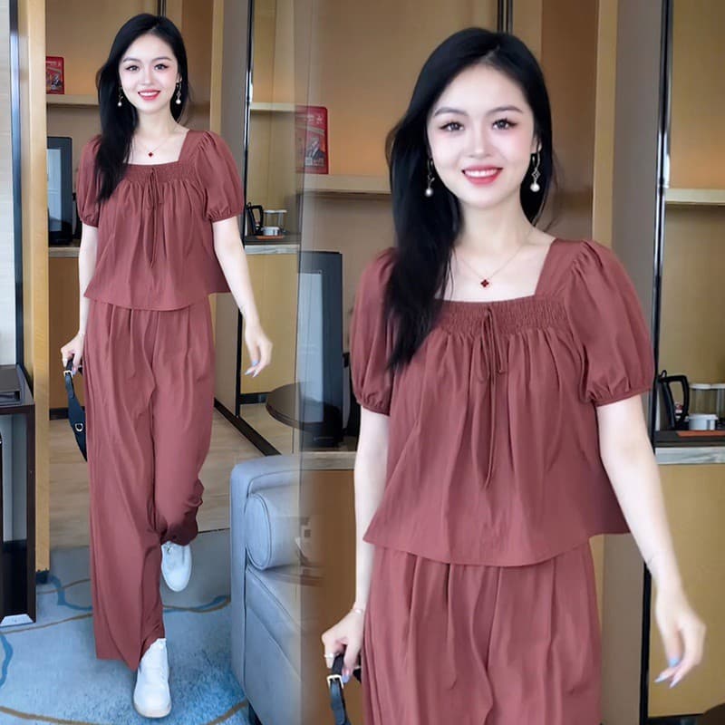 Fashionable Casual Two-Piece Set for Women 2025 Summer New Style Square Neck Top High-Waist Wide-Leg Pants Slimming Outfit