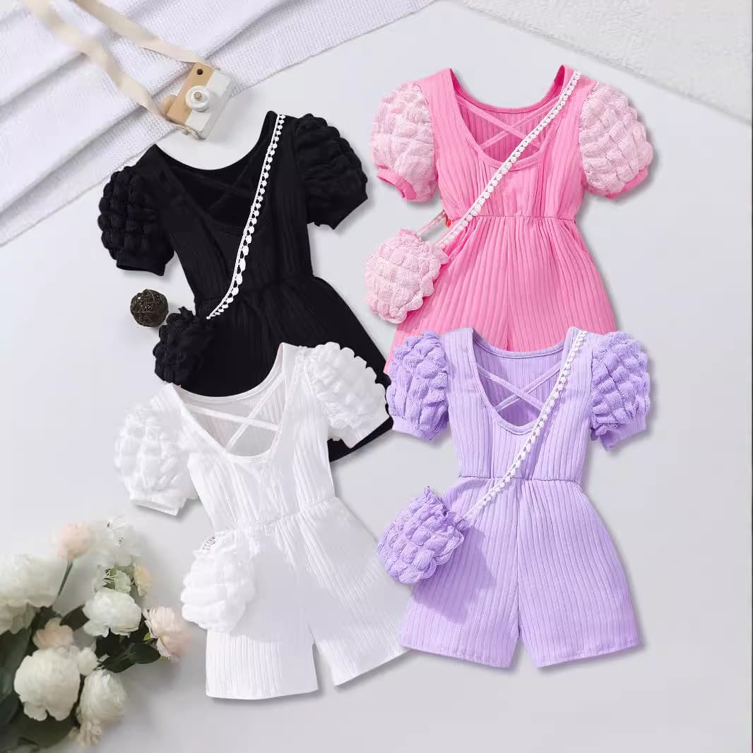 Cross-Back Bubble-Sleeve Jumpsuit with Bag for Young Kids Contain Pouches Children's Romper Suit Baby Clothes Toddler Outfits