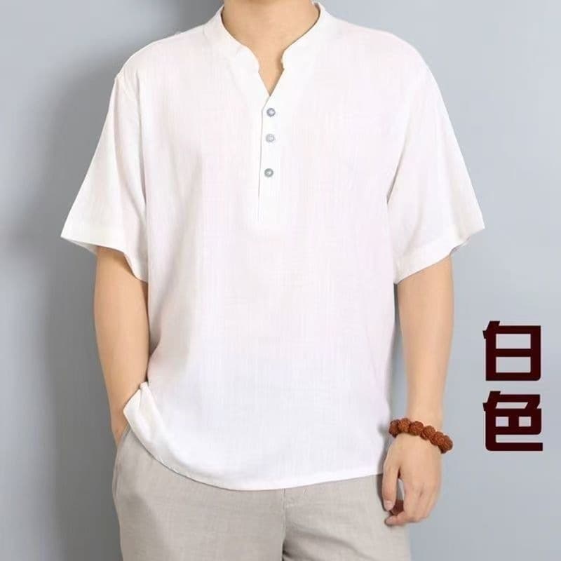 New Linen T-Shirt for Men, Solid Cotton-Linen V-Neck Shirt, Plus Size Loose Fit T-Shirt