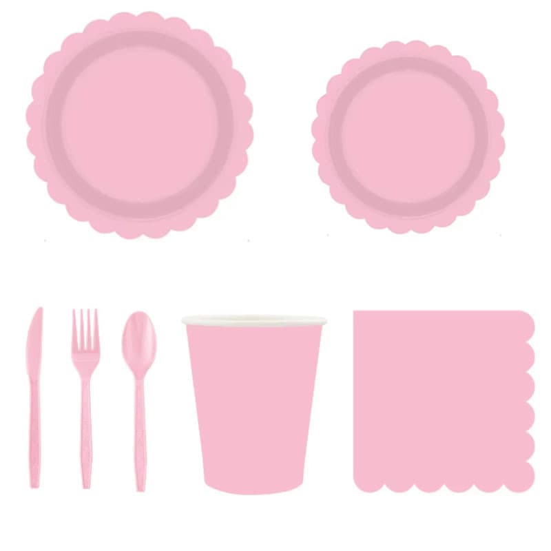 New Solid Pink Lace Party Decoration Disposable Tableware Simple Plain Paper Plates Cups Napkins Knives Forks Spoons