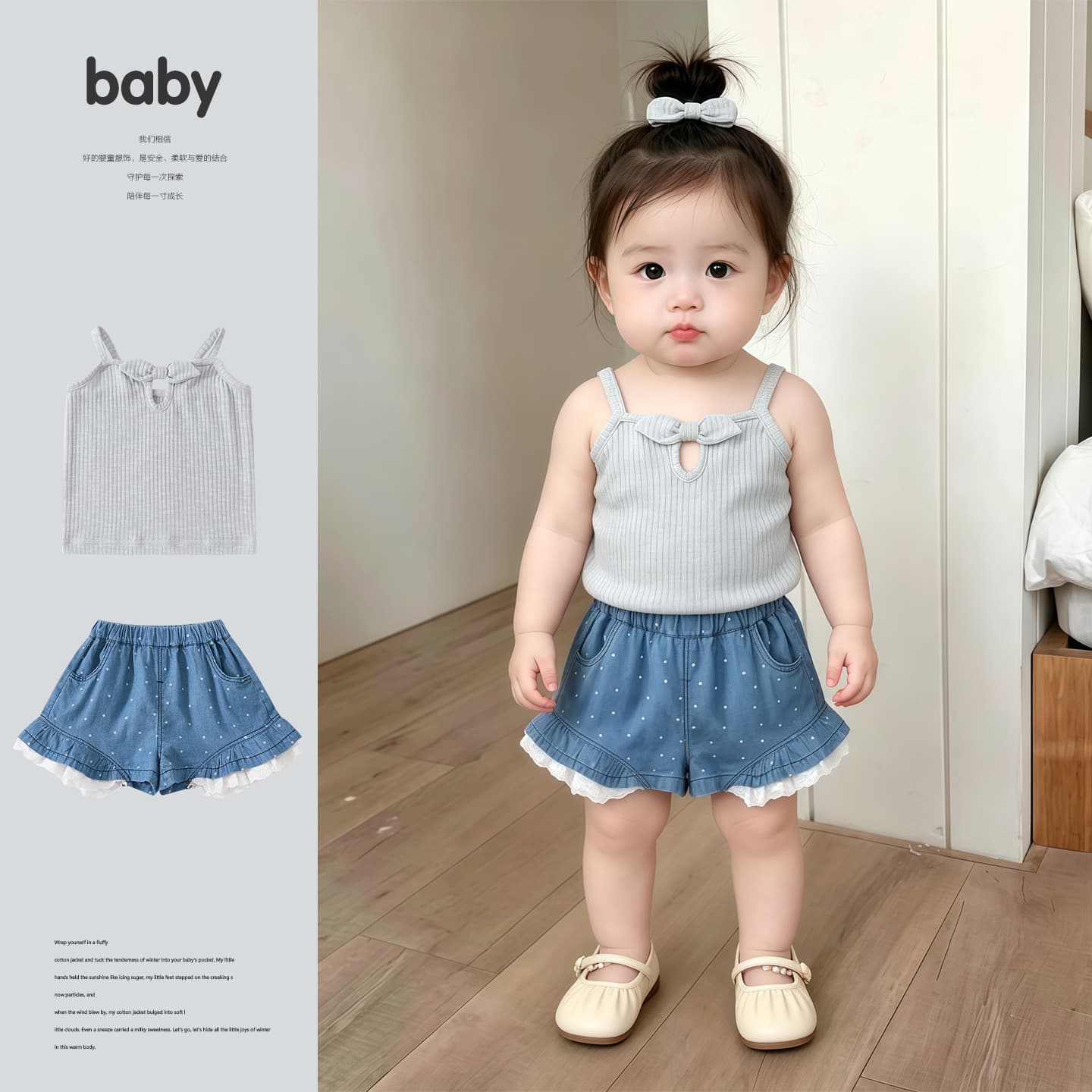 Baby girl's new summer Korean style sweet bow sling baby cool polka dot lace shorts two-piece set