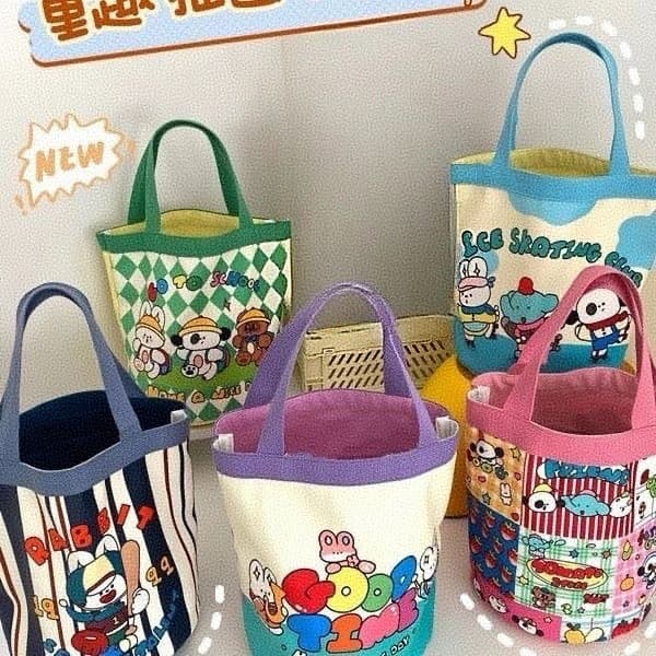 Cute graffiti bucket bag ins printed cylinder bag canvas lunch bag Korean style girl’s hand lunch box mommy bag