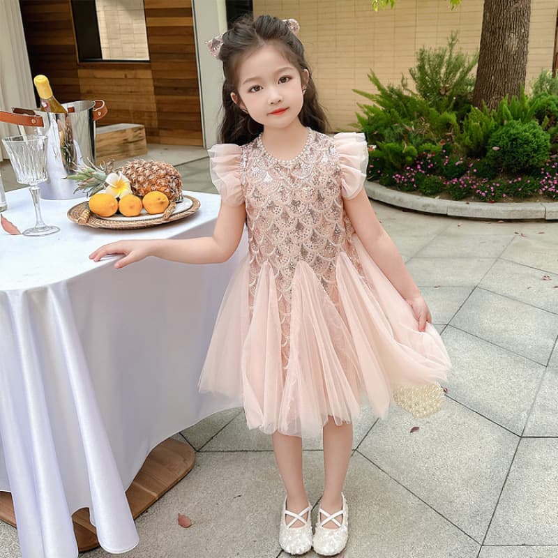Girls Summer Dress 2026 New Fashionable Mesh Princess Dress Children Summer Outfit Sequined Flutter Sleeve Cheongsam Dress