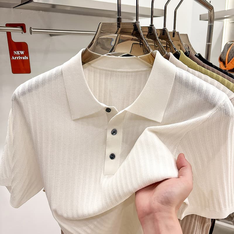 New Summer Turn-Down Collar Knitted Polo Shirt for Men Solid Color Striped Mulberry Silk Sweater Casual Undershirt for Middle-Aged and Young Adults