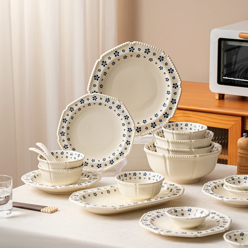 Retro Pearl Dot Blue Cherry Blossom Ceramic Tableware, Fresh and Elegant Household High-Aesthetic Rice Bowls and Dish Sets, Niche Bowl and Plate Collection