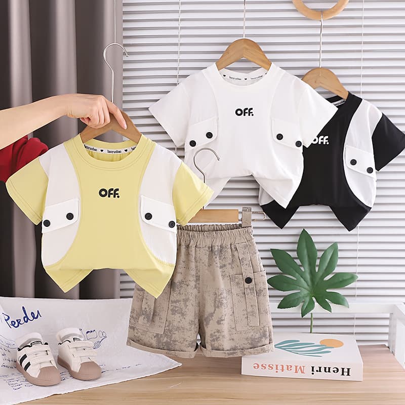 2026 New Trendy Boys' Summer Suit Set with Double Button Faux Pocket Short Sleeve Two-Piece Children's Clothing