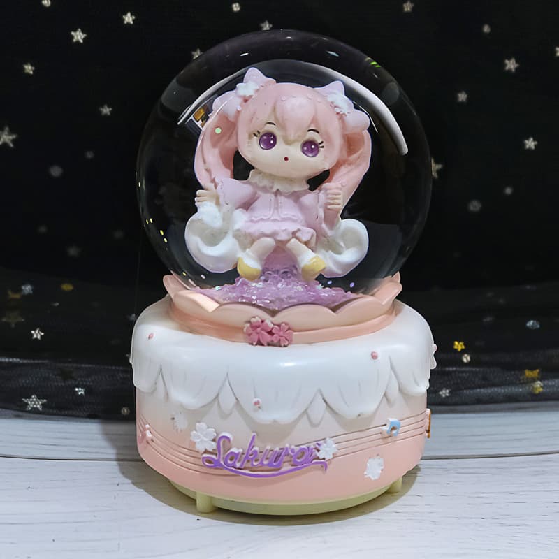 Sakura Girl Music Box Crystal Ball Cartoon Glass Ball Snowflake Music Box with Light Creative Girl Birthday Gift
