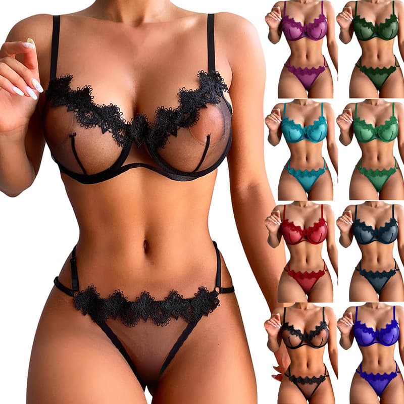 Cross-Border European and American Temu Underwire Summer Thin Women's Sexy Sheer Mesh Lace Pajama Erotic Lingerie Panty Set
