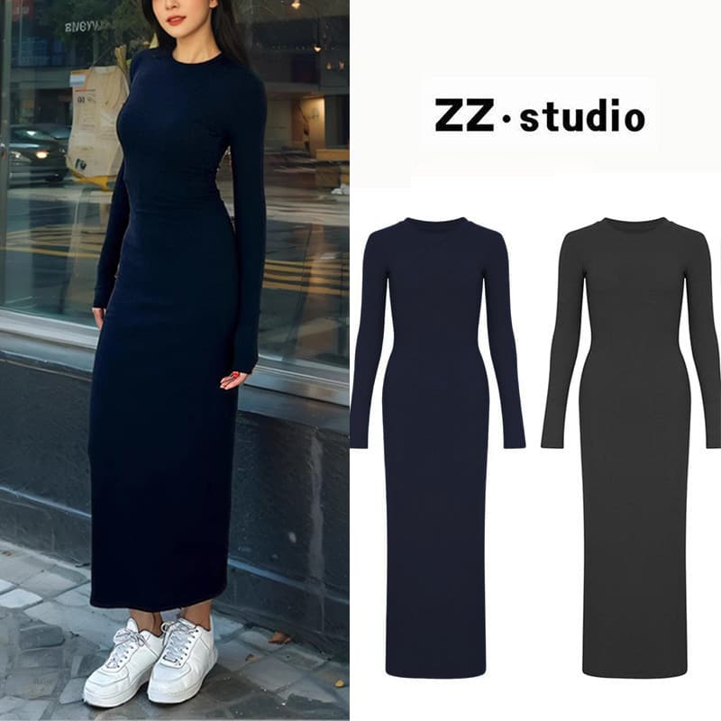 Dark Blue Round Neck Long-Sleeved Dress for Hot Girls, Slim Fit, Hip-Hugging, Slimming Long Dress for Women