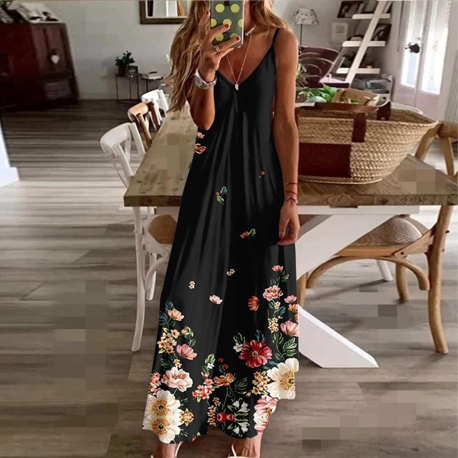Women's Summer Elegant Maxi Dress with Spaghetti Straps Plus Size Vacation Flowing Beach Dress Loose Floor Length Dress