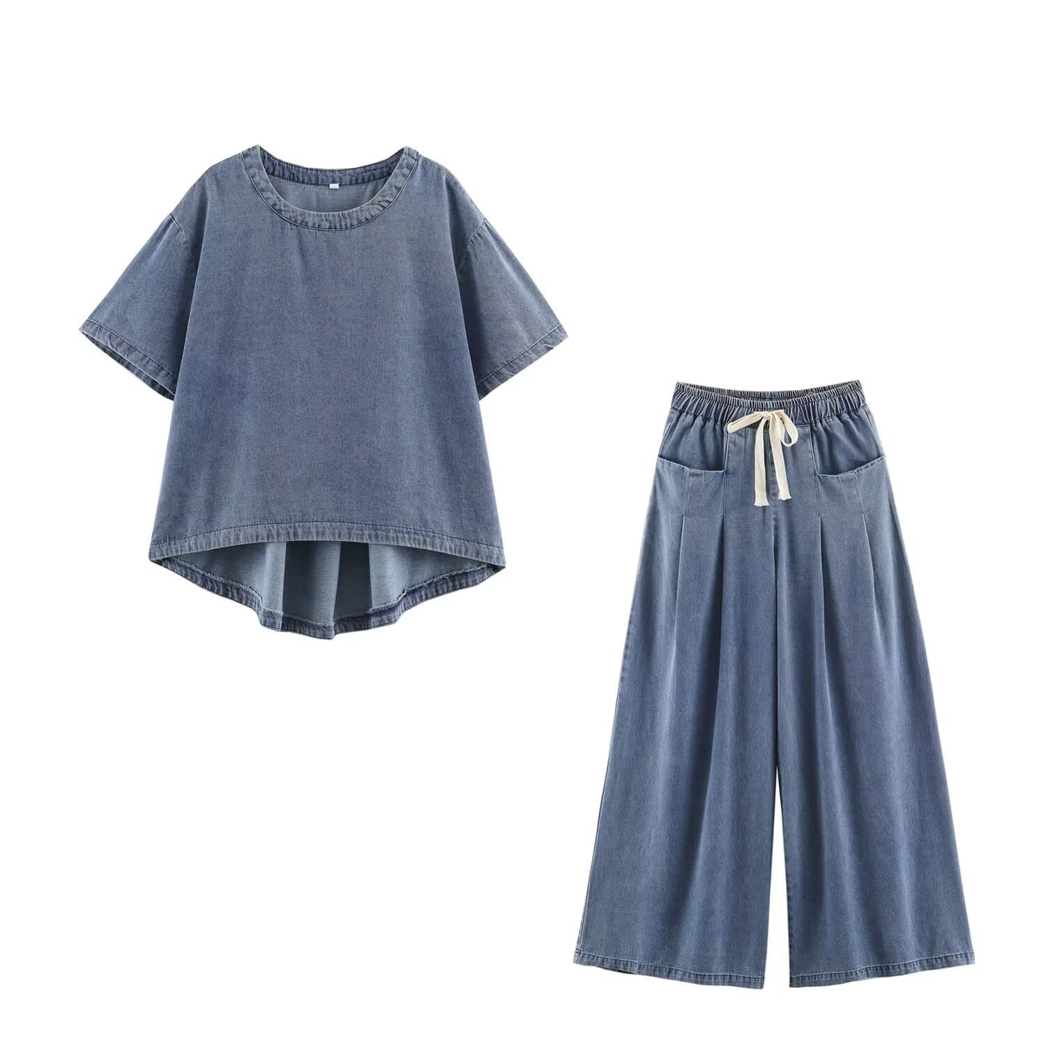 European and American style washed retro loose round neck short-sleeved T-shirt washed retro drawstring loose denim wide leg pants suit