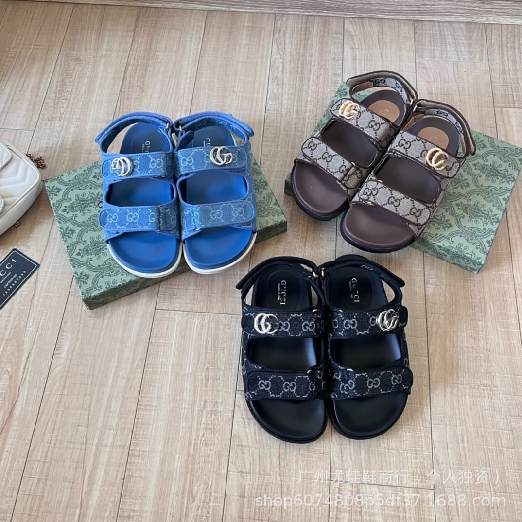 Cross-border Trade Style G-Letter Two-Strap Casual Flat Sandals with Velcro, Thick Sole, Comfortable, Versatile Women's Beach Slippers