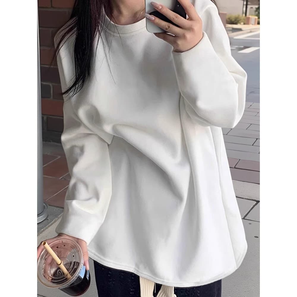 Minimalist Pure Cotton T-Shirt for Women, Brushed for Warmth, Long-Sleeve Base Layer, Basic Versatile Top for Spring, Autumn, and Winter