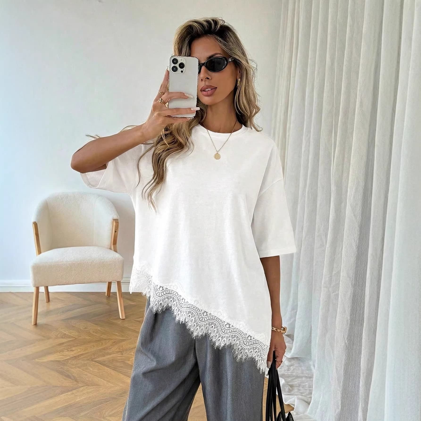 2026 Summer Cross-border Women's New Fashion Design Lace Trim Short Sleeve Plus Size T-Shirt Top