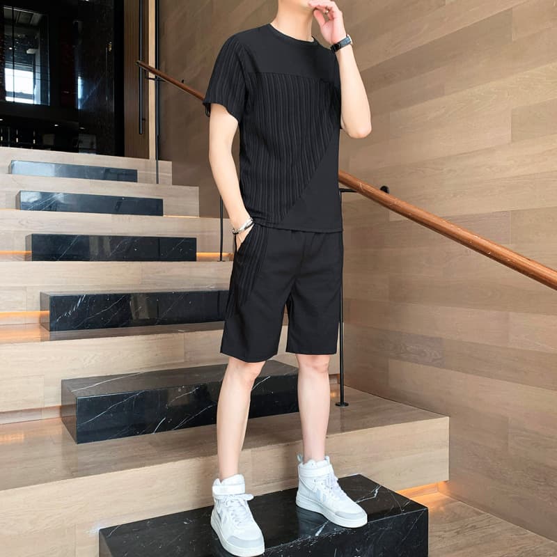 Men's Summer Two-Piece Suit Set Trendy Thin Ice Silk Short Sleeve T-Shirt Casual Shorts Set Men's Matching Set