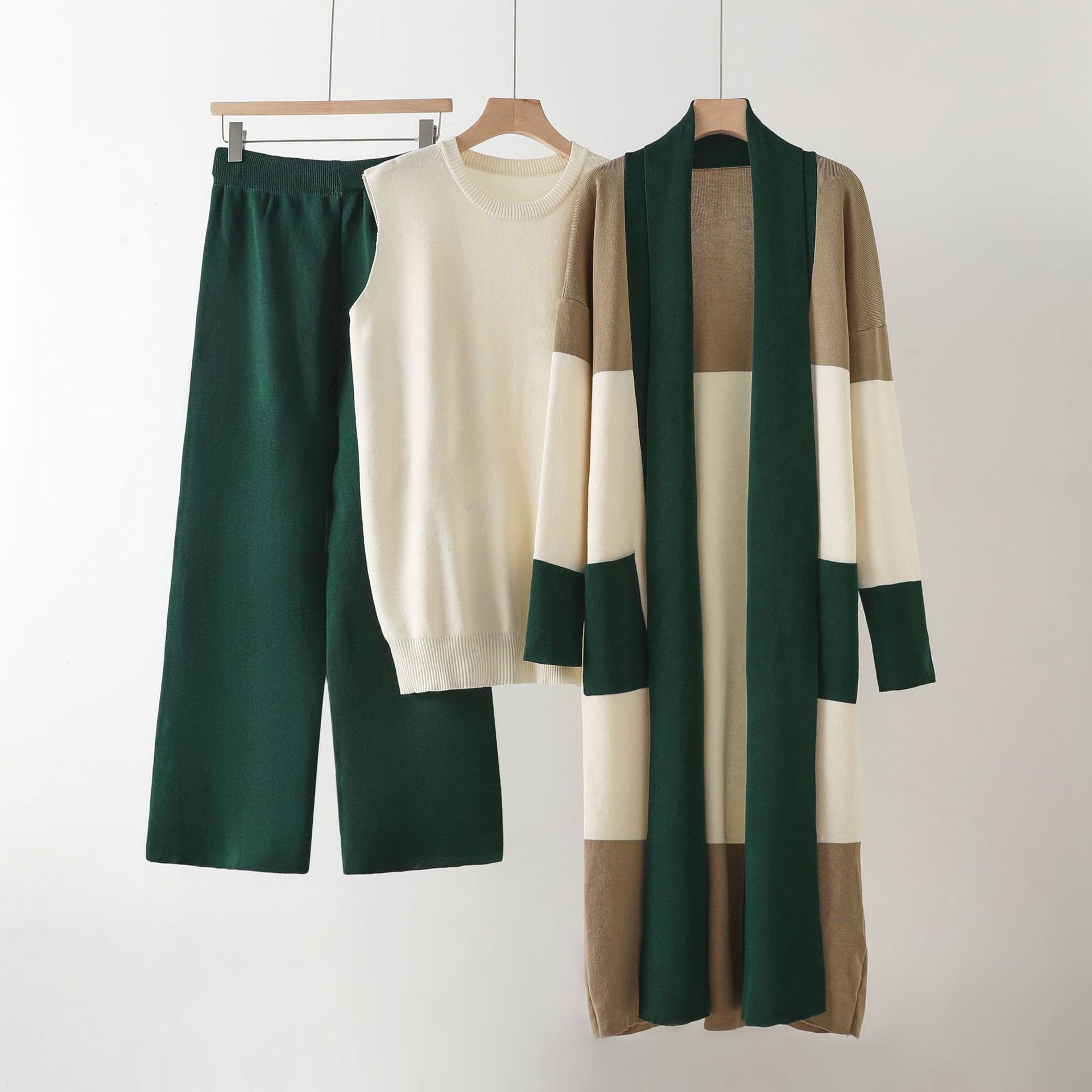 Cross-Border Export Women's Clothing 2025 Autumn New European and American Knit Mid-Length Cardigan with Vest and Wide-Leg Pants Three-Piece Set