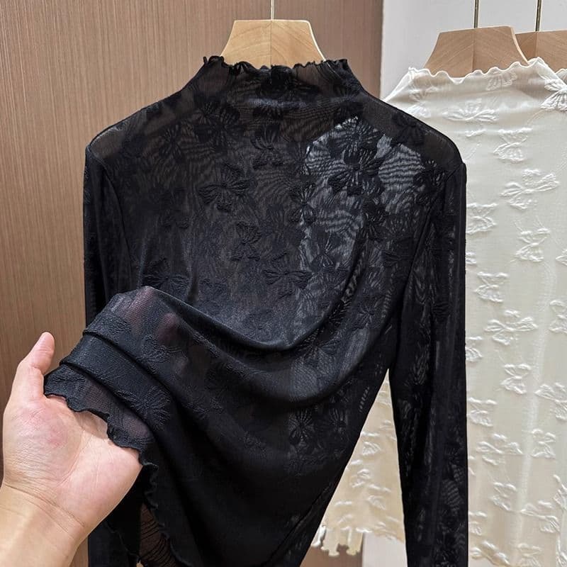 2025 New Off-Shoulder Lace Trim Top Autumn Winter Butterfly Jacquard Half Turtleneck Inner Mesh Blouse