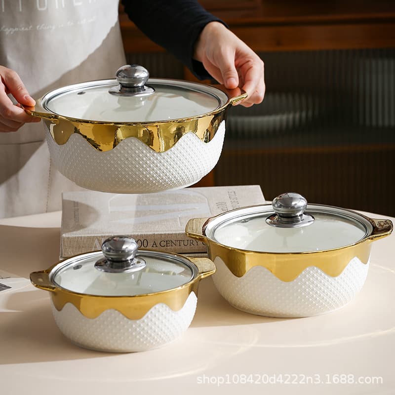 Double-eared large soup bowl with lid for home use large ceramic pickled fish large bowl thickened ceramic double-eared soup bowl large capacity