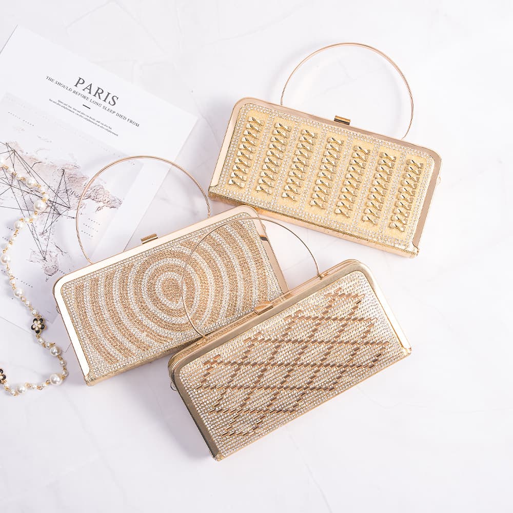 New Rhinestone Evening Bag Women Southeast Asia Cross-Border India Handheld Banquet Bag Fashion Horizontal Gold Surface Evening Bag