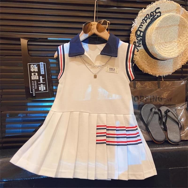 2025 Summer Fashionable Girls Baby Sports Casual Turn-down Collar POLO Dress Cute Pleated Princess Dress