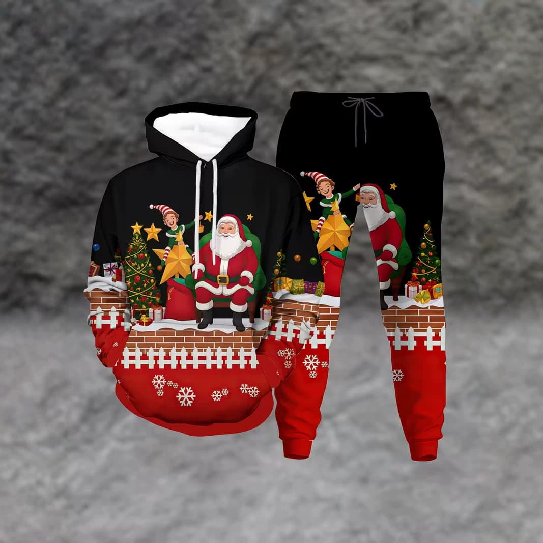 European and American Amazon Autumn Winter Christmas Santa Claus 3D Print Hooded Long Sleeve Jogger Pants Sweatsuit Set