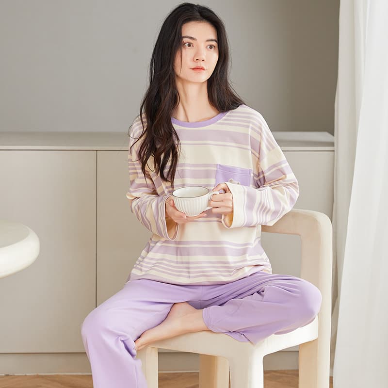 100% Cotton Women's Pajama Set, Spring/Autumn, Pullover Long Sleeve Top and Long Pants, Wear-Out Loungewear