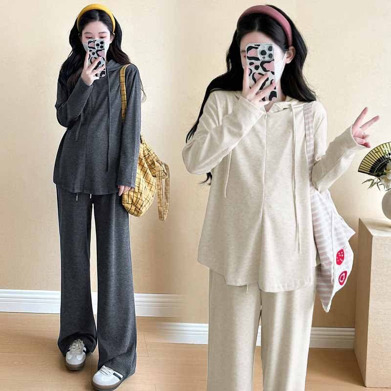 Maternity wear Xiaohongshu hot style autumn and winter hooded drawstring half-zip long-sleeved high-waisted belly wide-leg pants two-piece set