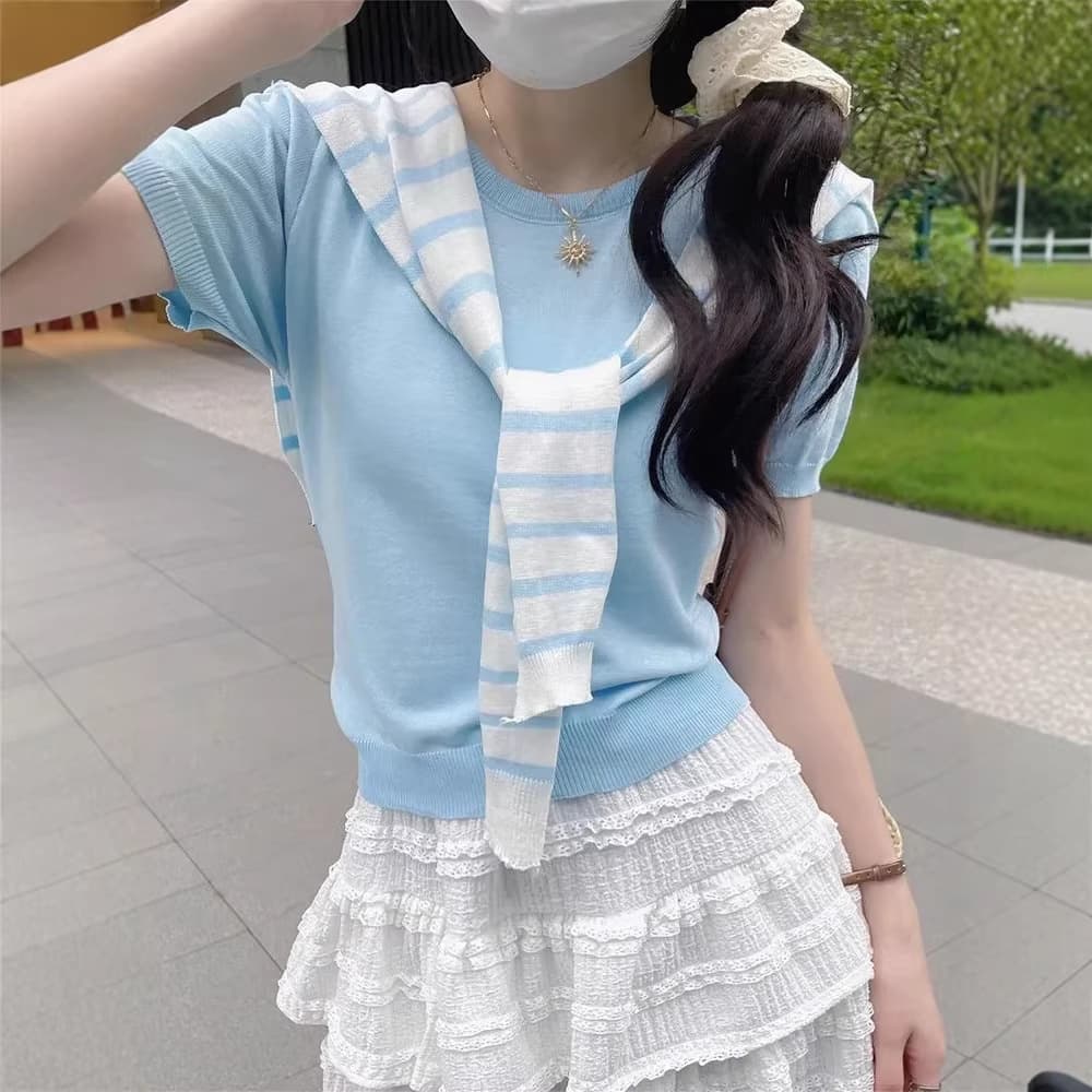 Milk Blue Short-Sleeve Knit Top with Shawl Chic Korean-Style Fake Two-Piece Loose Blouse Women 2025 Summer