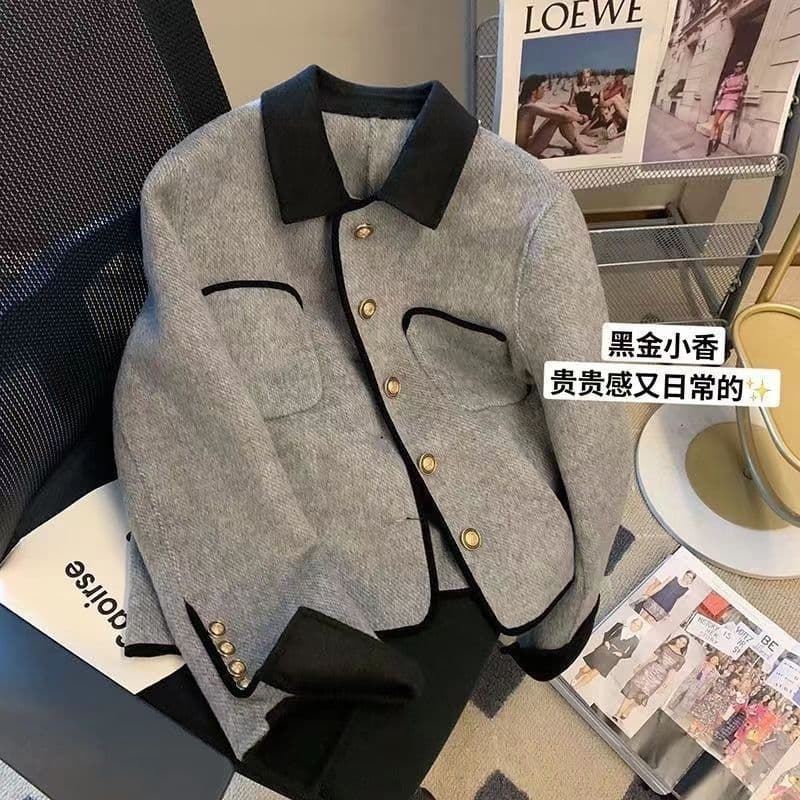 Chic Short Gray Jacket Autumn/Winter Retro High-End Design Fashion Sense Niche Elegance Long Sleeve