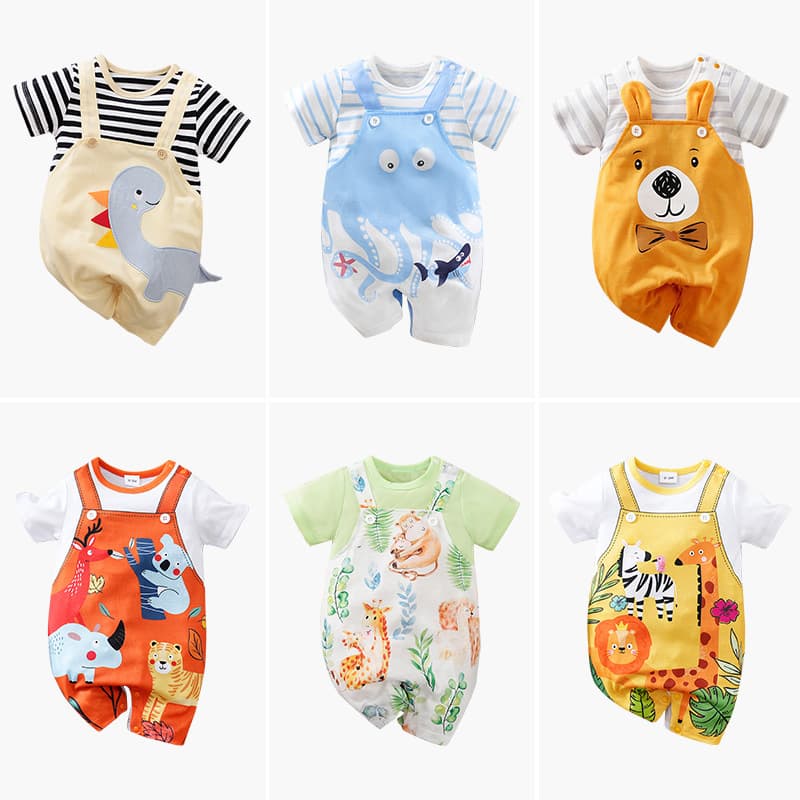 Short Sleeve Baby Clothes Thin Summer Infant Bodysuit Cartoon Strap Baby Romper Coverall Ins Style