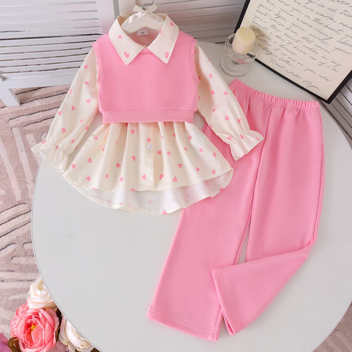 Kids clothing cross-border new model long-sleeved shirt + pink trousers for European and American girls